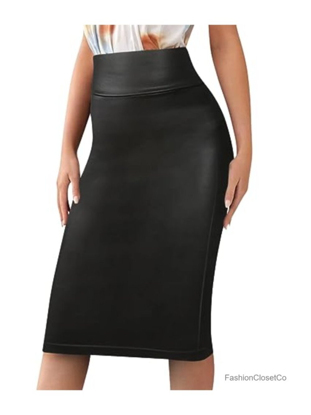 Women's Faux Leather Pencil Skirt Knee Length High Rise Stretchy